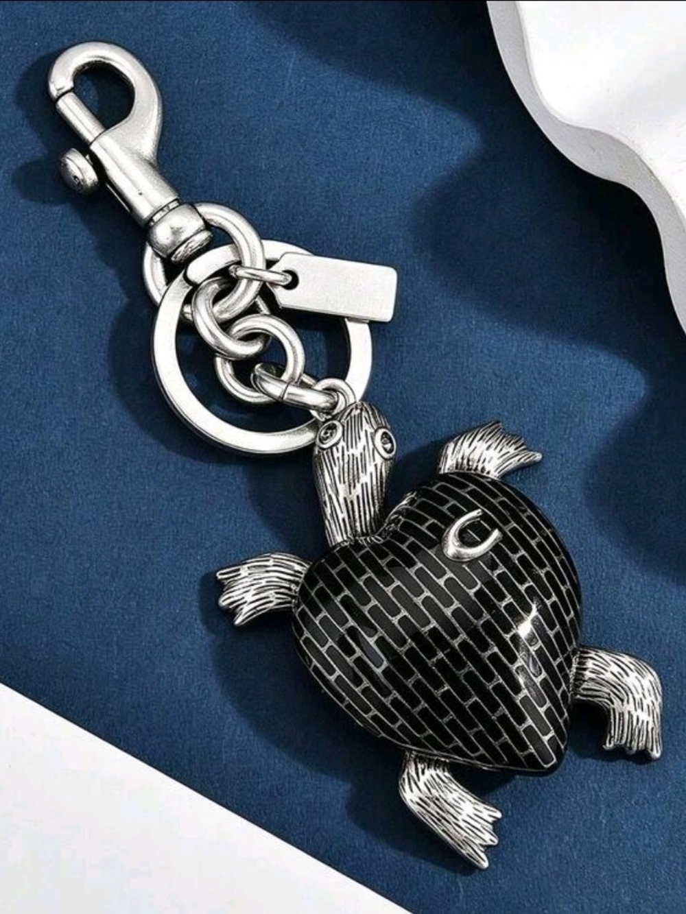 Silver Turtle Keychain Charm - Black Enamel Accent